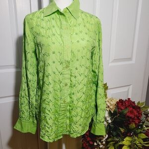Allison Taylor Silk Buttons Down Women's Green Floral Embroidered Shirt, Size S